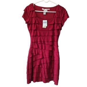 NWT Max Studio RED Stretch Ruffle Tier Scoop Neck Bodycon Dress 3/4Sleeve Size S